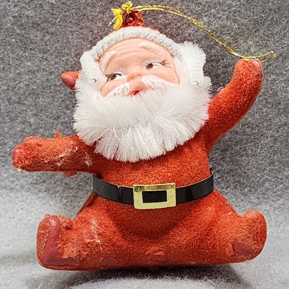 Flocked Sitting Santa Christmas Ornament Vintage Holiday Decor 1950-1960s MCM